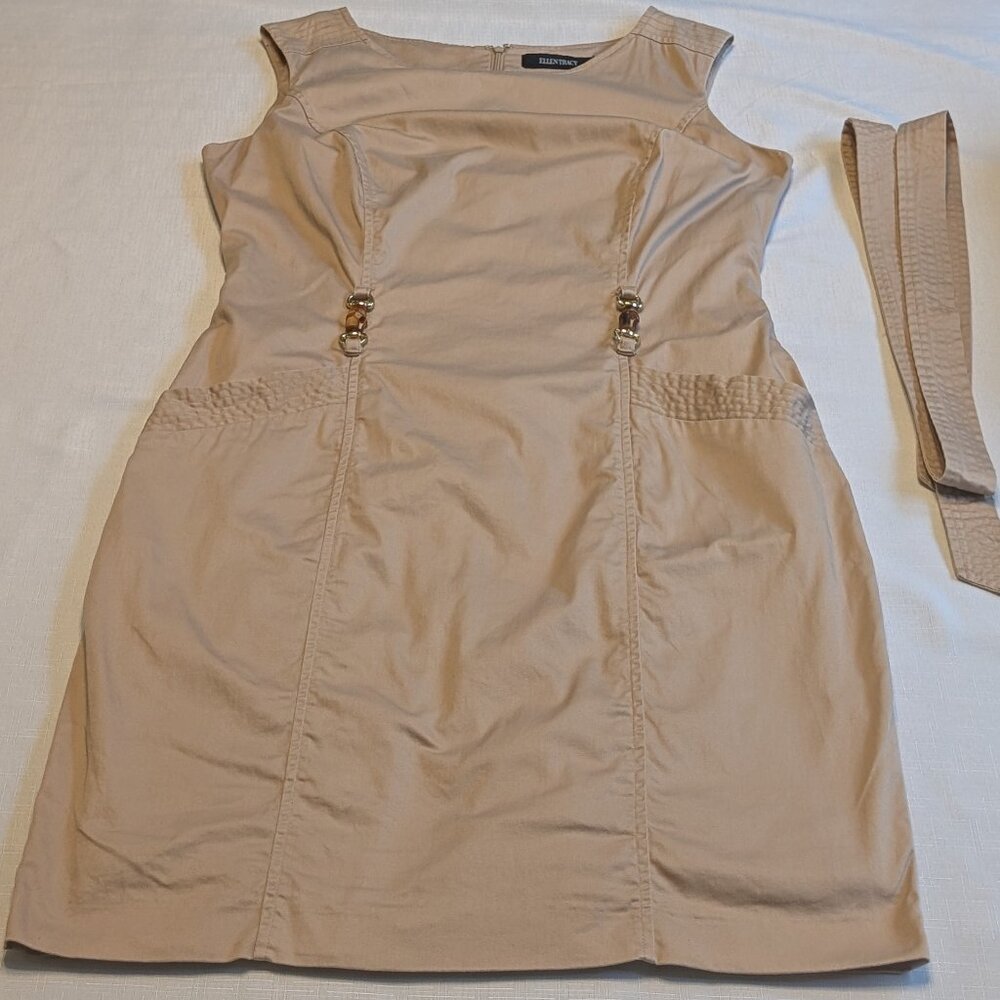 Ellen Tracy Sleeveless Tan Utility Sheath Dress w/ Tie Belt & Bamboo Detail 14P
